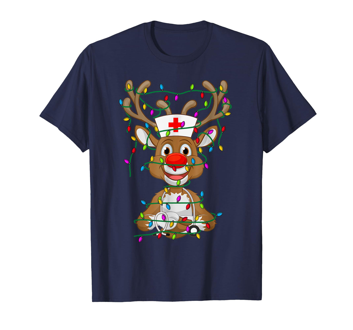 Christmas Light Reindeer Scrubs Rubber Gloves Nurses Gifts T-Shirt