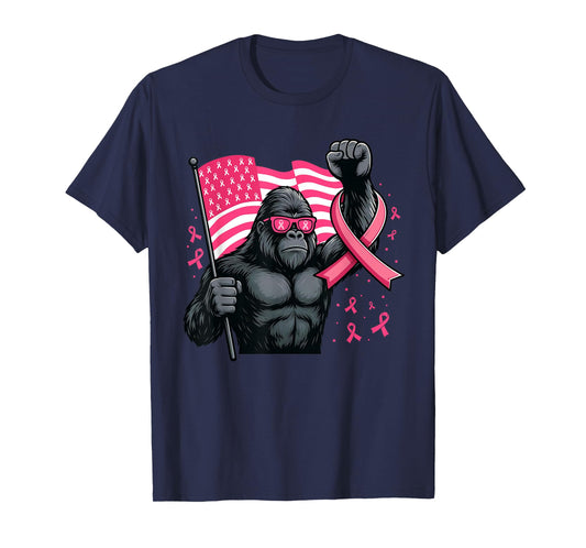 Bigfoot Pink Ribbon Flag Sasquatch Breast Cancer Awareness T-Shirt