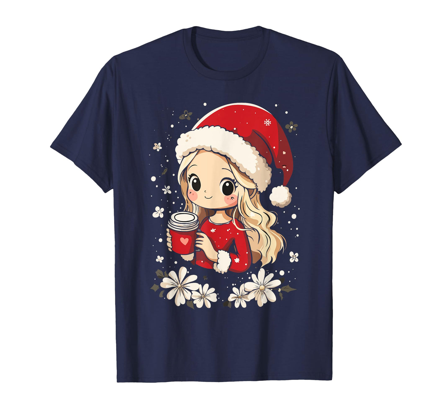 Christmas Santa Girl Coffee Flower Kids Santa Women Xmas T-Shirt