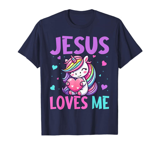 Kids Jesus Loves Me Christian Bible Girls Rainbow Unicorn T-Shirt