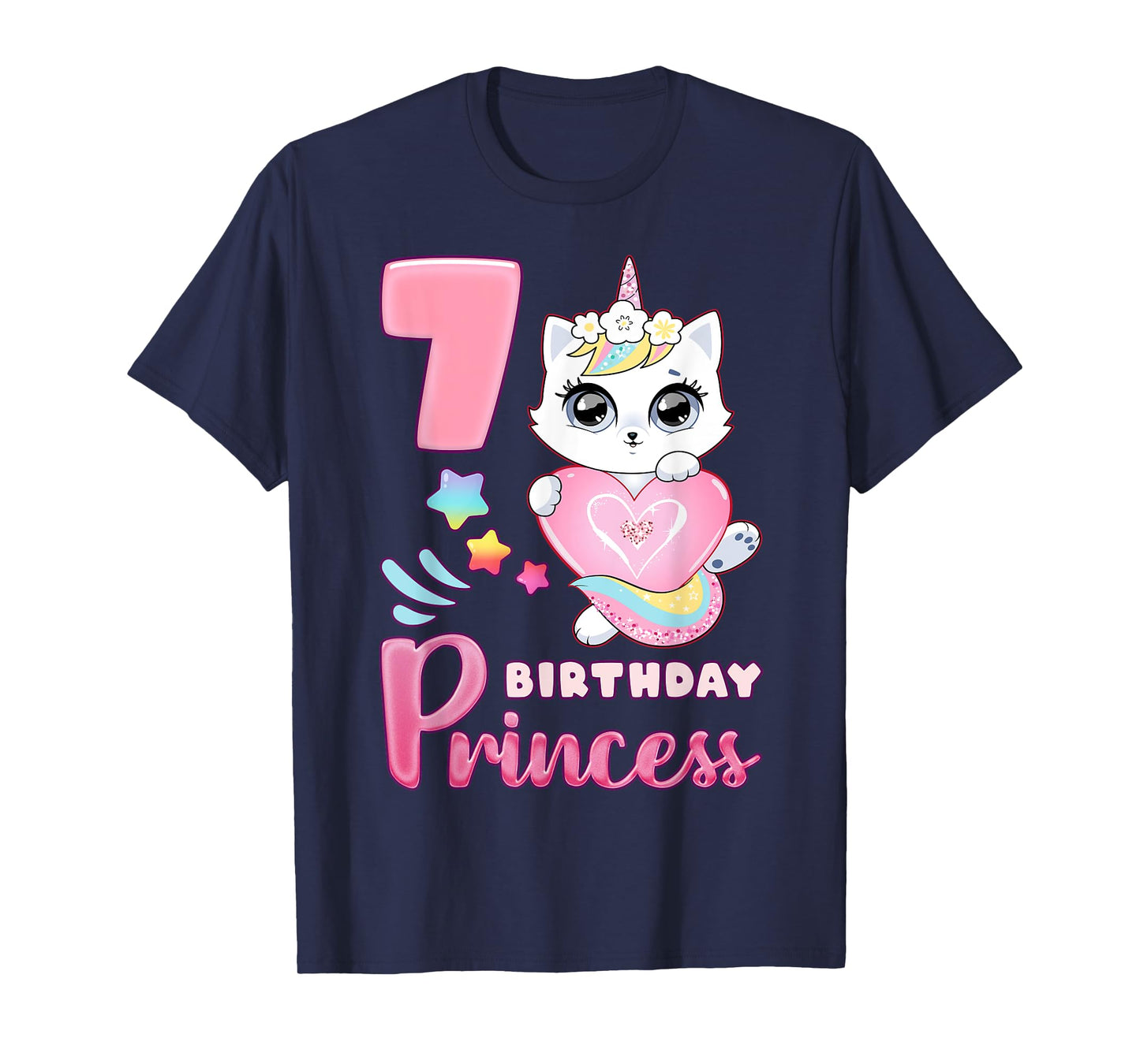 Girl, 7th birthday, unicorn cat, number 7 T-Shirt