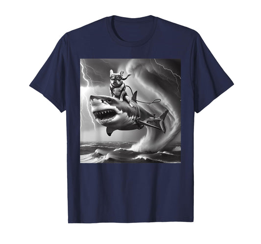 Funny Dog Bulldog Riding a Shark in Tornado Meme T-Shirt