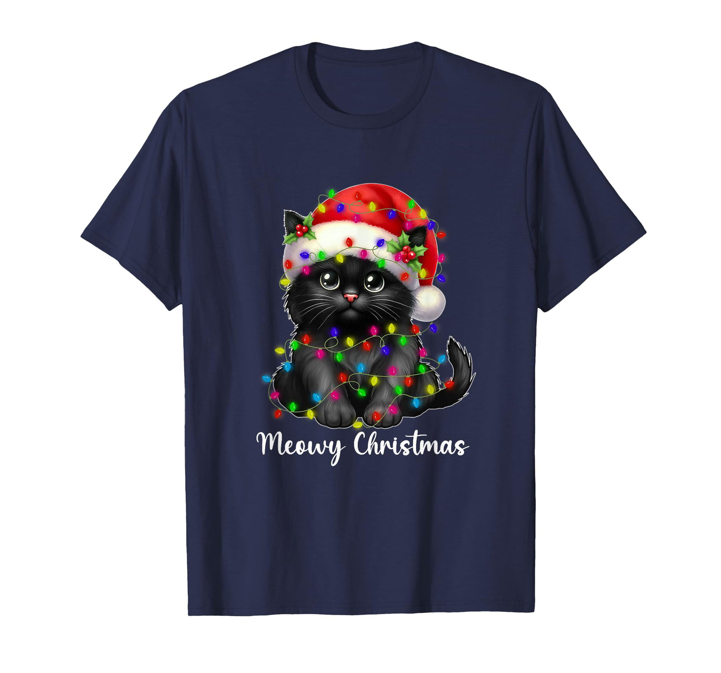 Meowy Christmas Lights Funny Family Black Cat Xmas Matching T-Shirt