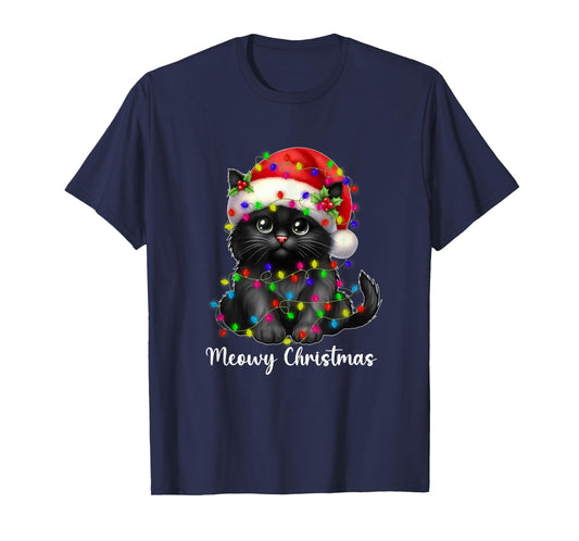 Meowy Christmas Lights Funny Family Black Cat Xmas Matching T-Shirt
