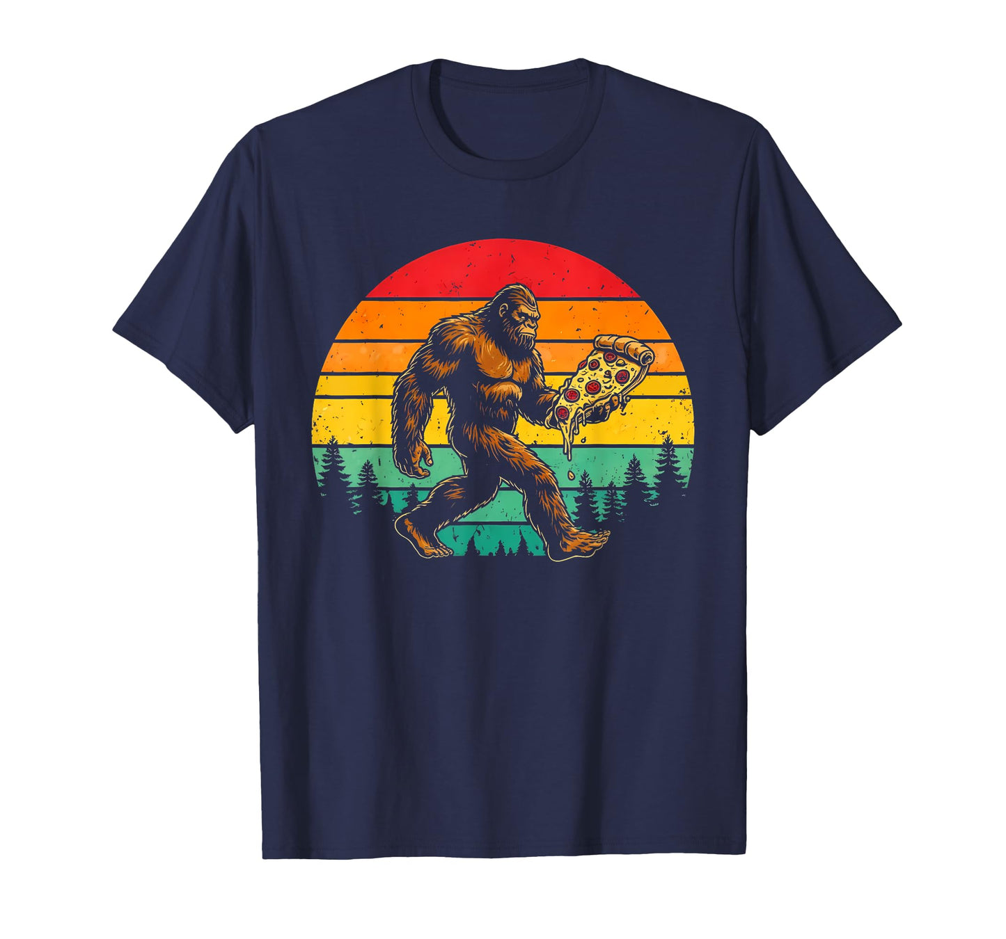 Funny Sasquatch Pizza Lover Retro Sun T-Shirt
