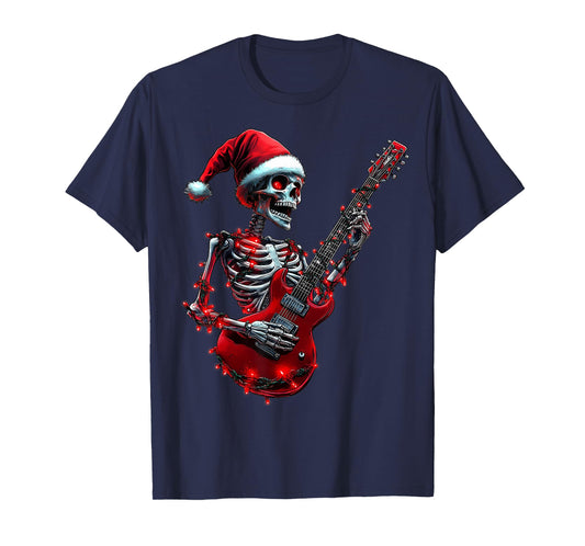 Christmas Skeleton Skull Playing Guitar Rock & Roll Music T-Shirt