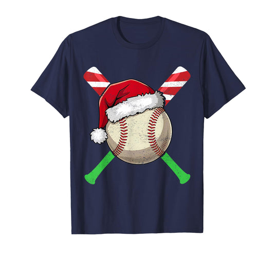 Baseball Christmas Santa Hat Lights Candy Cane Bat Xmas T-Shirt