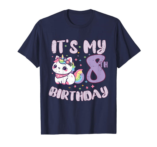 Its My 8th Birthday Unicorn Cat 8 Year Old Bday Girls Kids T-Shirt