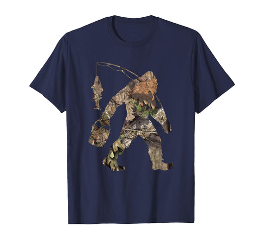 Fishing Bigfoot Carrying Fishing Pole Camo Sasquatch T-Shirt