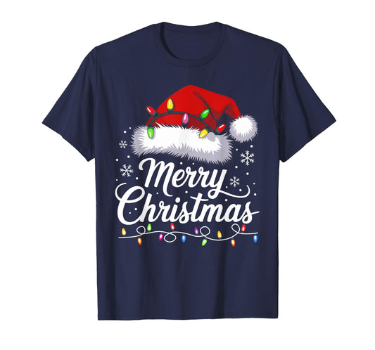Merry Christmas Lights Santa Hat Funny Xmas Family Men Women T-Shirt
