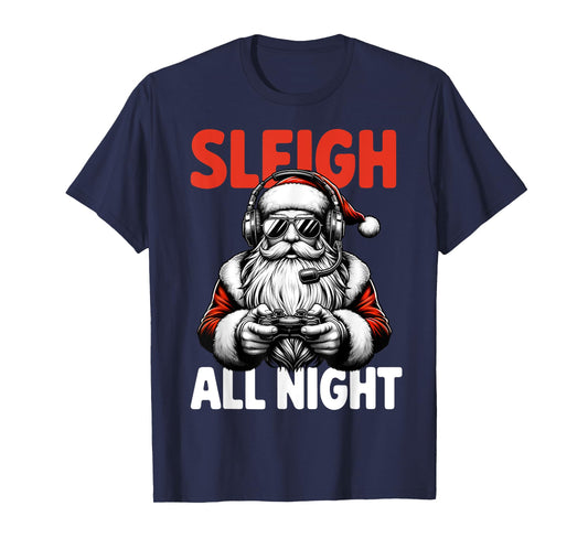 Christmas Gamer Boys Sleigh All Night Video Game Santa Xmas T-Shirt
