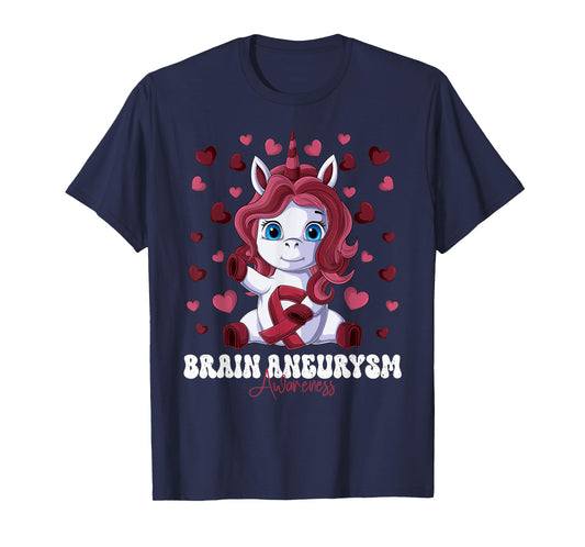 Brain Aneurysm Awareness Month Burgundy Ribbon Unicorn T-Shirt