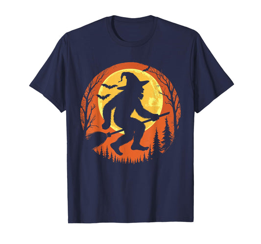 Funny Bigfoot Halloween Spooky Sasquatch Witch Hat Broom T-Shirt