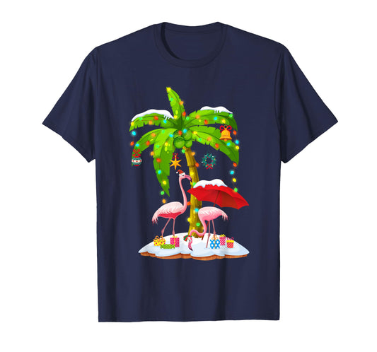Flamingo Santa hat Palm tree Merry Christmas lights T-Shirt