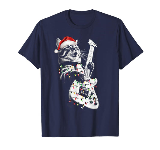 Rock Cat Playing Guitar Funny Guitar Cat Christmas Group T-Shirt for Men Women Kids