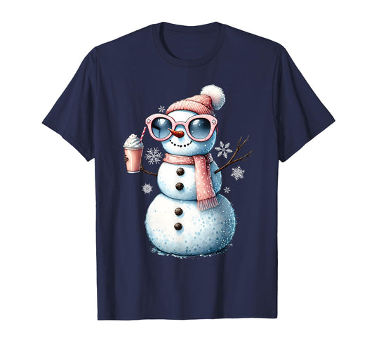 Xmas Snowman Drinking Hot Chocolate Bougie Women Christmas T-Shirt