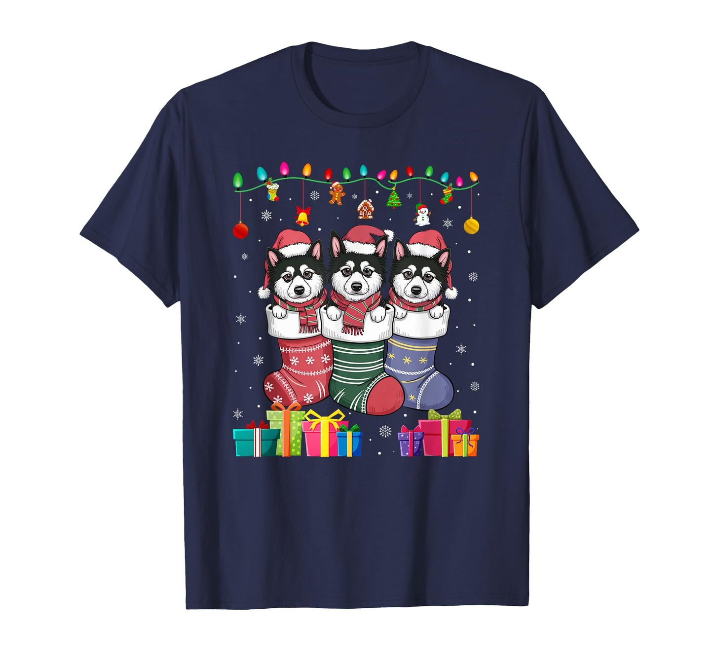 Three Alaskan Klee Kai Dog in Sock Funny Boys Girls Xmas T-Shirt