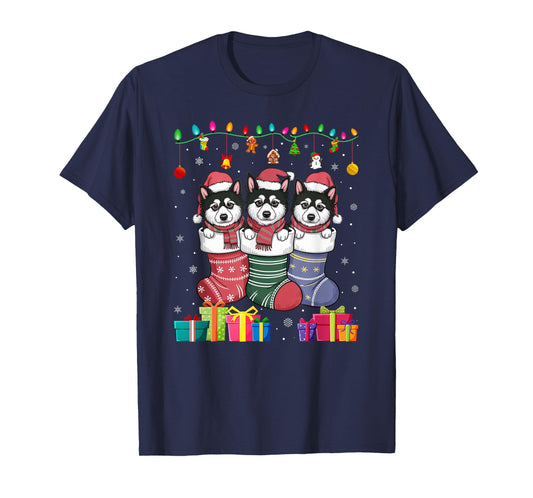 Three Alaskan Klee Kai Dog in Sock Funny Boys Girls Xmas T-Shirt