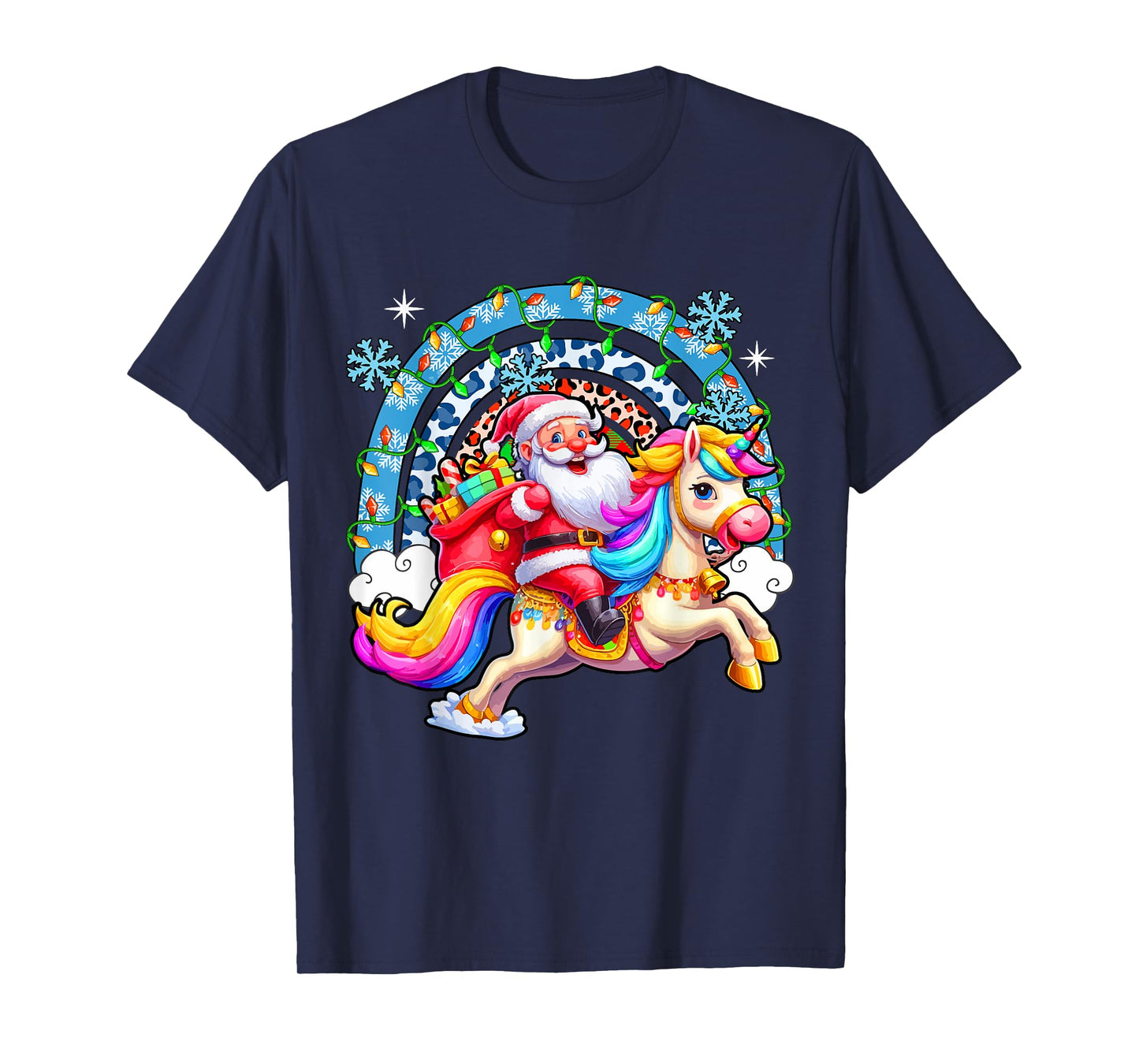 Santa Riding Colourful Unicorn Christmas Rainbow Xmas Lights T-Shirt