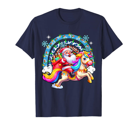 Santa Riding Colourful Unicorn Christmas Rainbow Xmas Lights T-Shirt