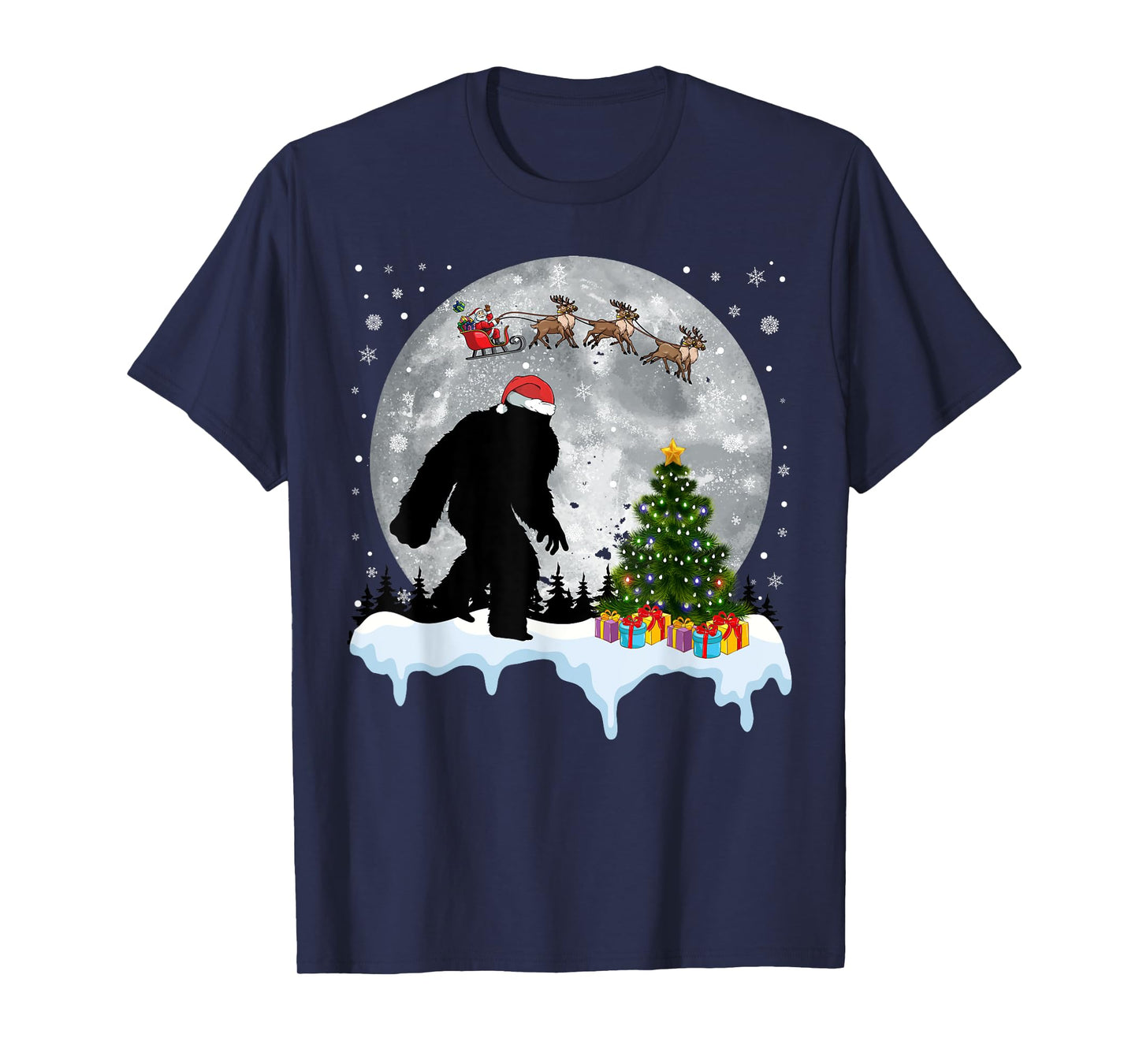 Christmas Bigfoot Santa Tree Sleigh Moon Reindeer Snow T-Shirt
