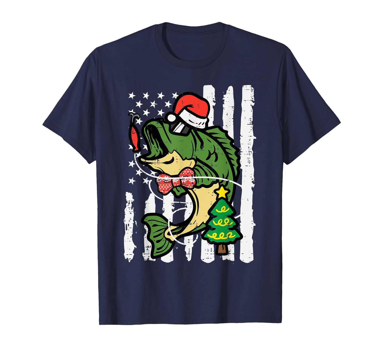 Christmas Bass Fish US Flag Xmas Patriot Men Boys Kids Women T-Shirt