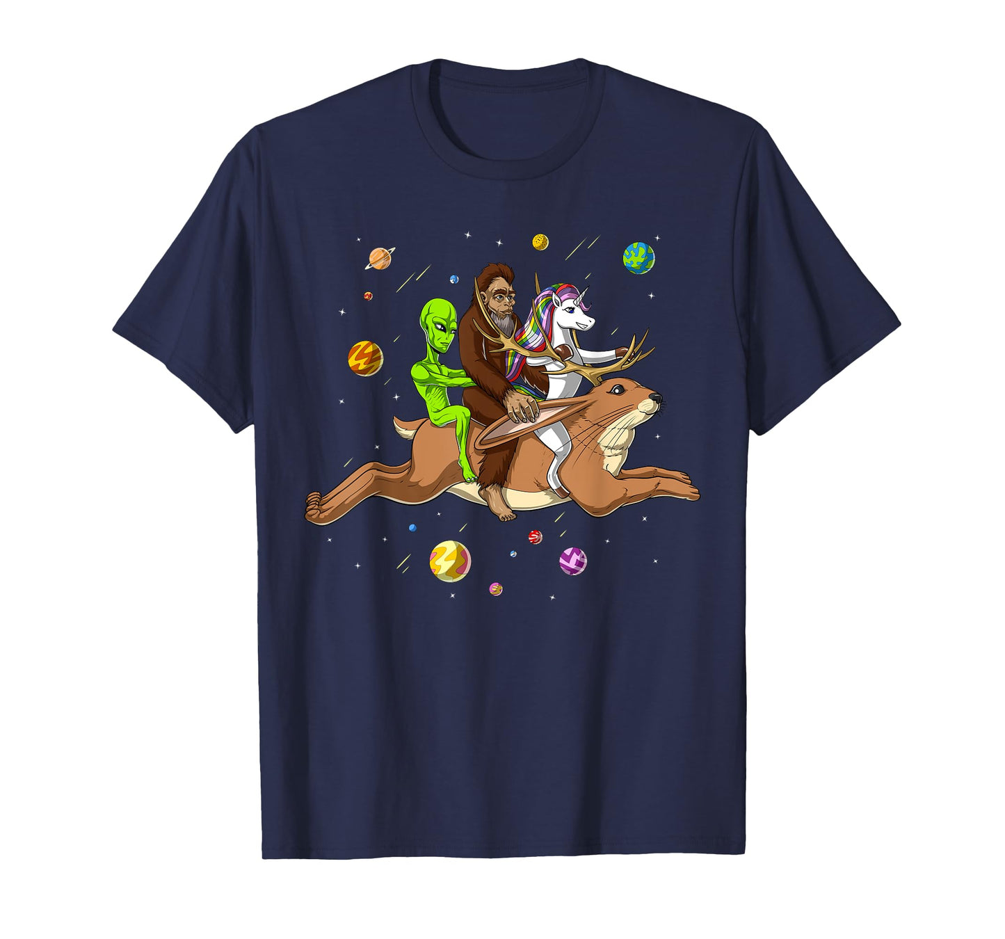 Space Alien Bigfoot Unicorn Riding Jackalope Cryptozoology T-Shirt