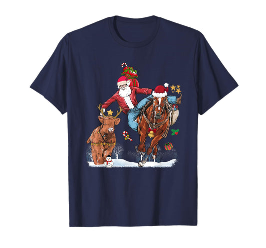 Cowboy Santa Bulldogging Western Cowboy Xmas Funny Christmas T-Shirt