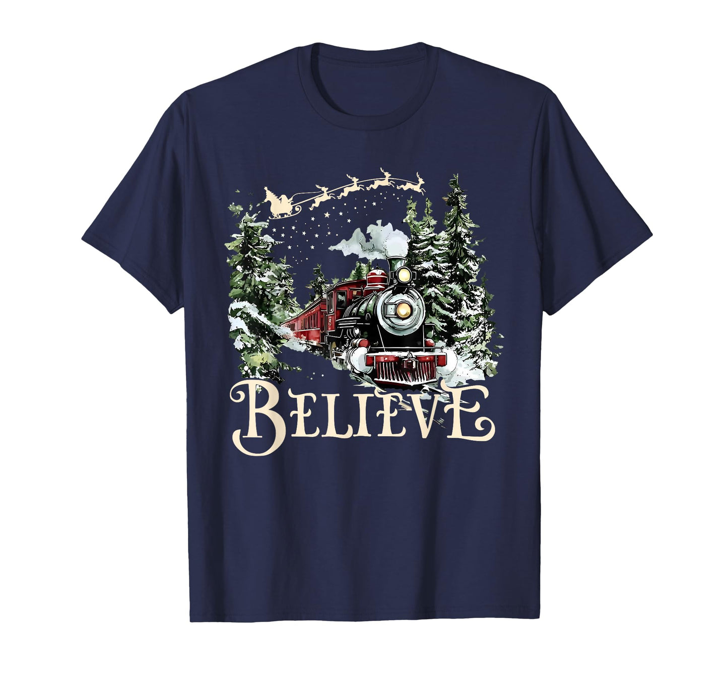 Believe Christmas Trains Xmas Santa Family Pajamas Holiday T-Shirt