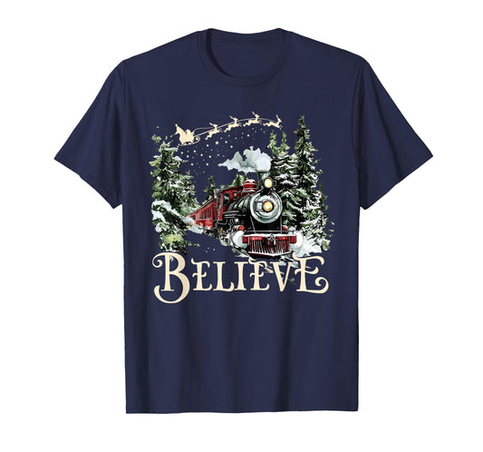 Believe Christmas Trains Xmas Santa Family Pajamas Holiday T-Shirt