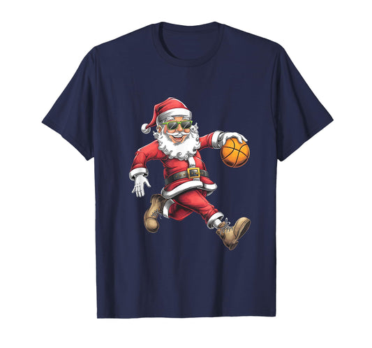 Christmas Santa Claus Dunking A Basketball Boys Kids Xmas T-Shirt