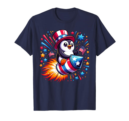 Cute Penguin 4th July Fireworks American USA Flag Boys Girls T-Shirt