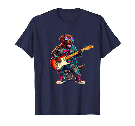 Chocolate Lab Electric Guitar Funny Dog Rock Band Musician T-Shirt for Men Women Kids