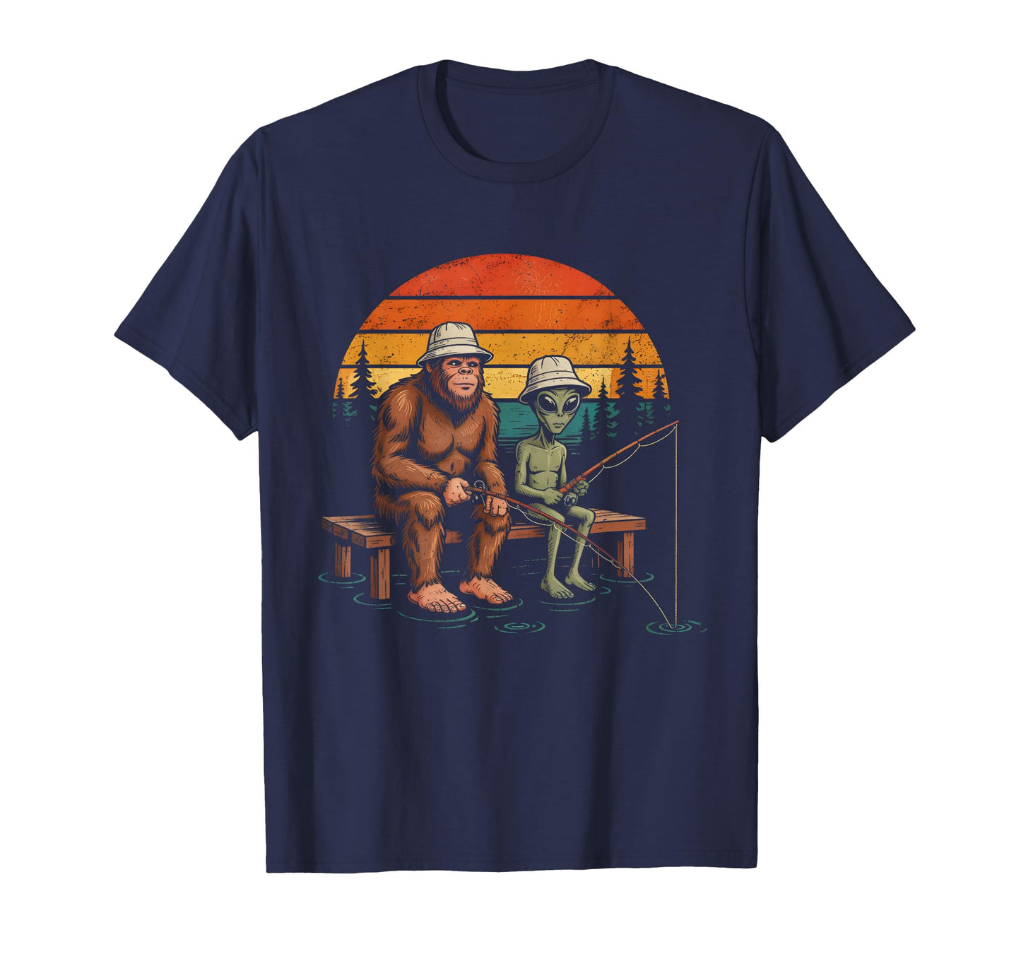 Funny Alien and Sasquatch Bigfoot Fishing Fisherman Men Boys T-Shirt