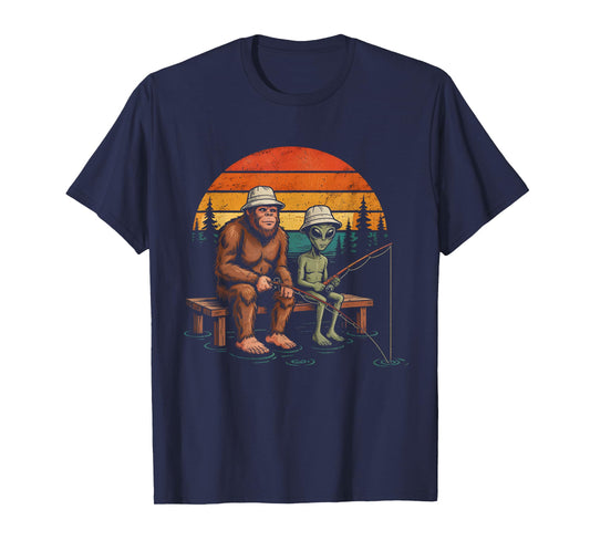 Funny Alien and Sasquatch Bigfoot Fishing Fisherman Men Boys T-Shirt