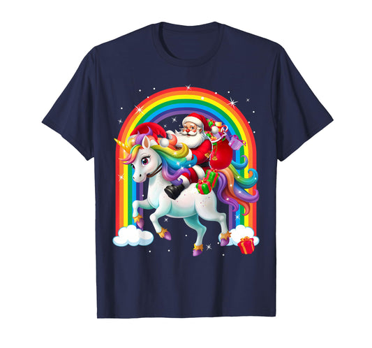 Merry Christmas 2025 Santa Riding Unicorn Xmas Girls Women T-Shirt