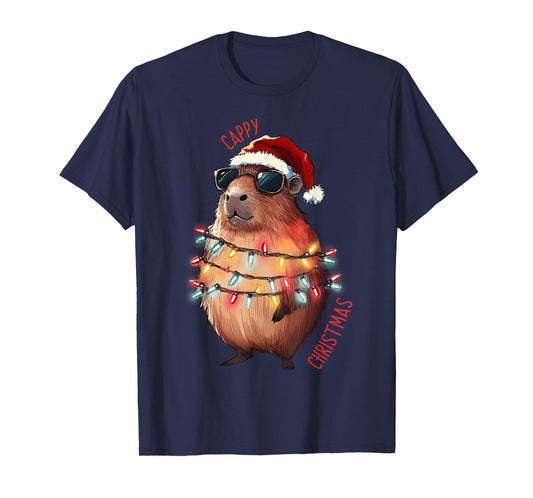 Cute Capybara Christmas Lights With sunglass Animal Lover T-Shirt