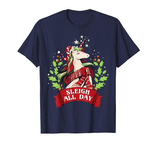 Sleigh All Day Cute Santa Unicorn Christmas T-Shirt