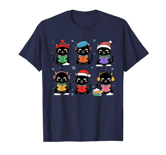 Black Cat Reading Book Christmas for Bookworm Cat Lover Xmas T-Shirt