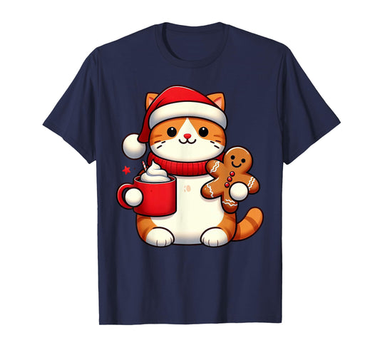 Cat Santa Hat Christmas Holiday Xmas Coffee Gingerbread T-Shirt for Men Women