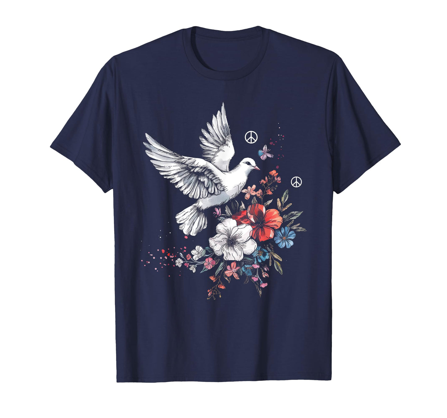 Peace Sign Dove White Pigeon Bird Vintage Flowers T-Shirt
