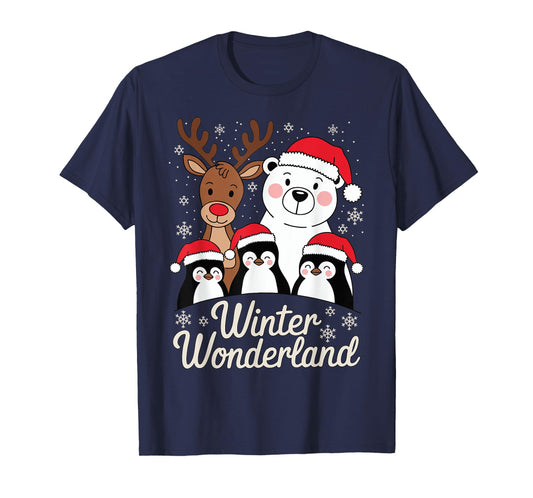 Winter Wonderland Reindeer Polar Bear Penguin Xmas Art T-Shirt