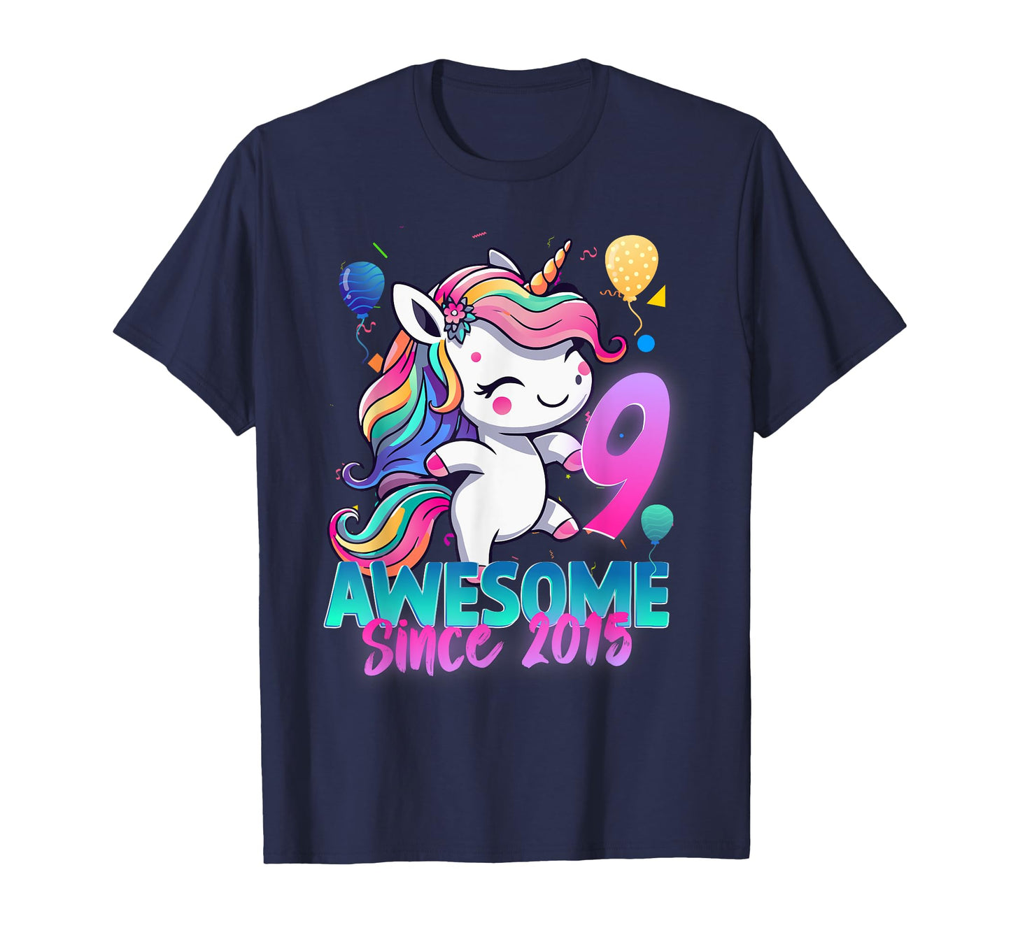 9th Birthday Girl Awesome Since 2015 9 Years Old Unicorn T-Shirt