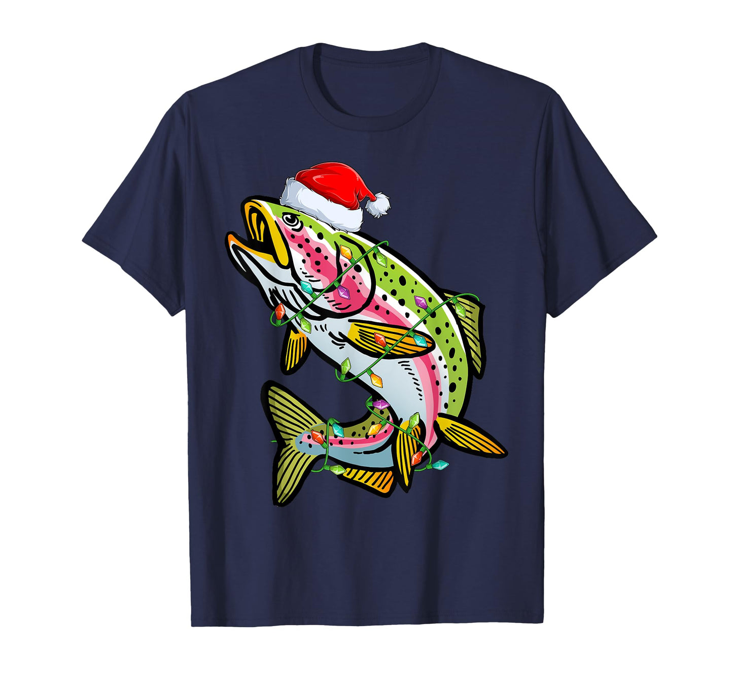 Xmas Lights Santa Hat Rainbow Trout Fish Christmas T-Shirt