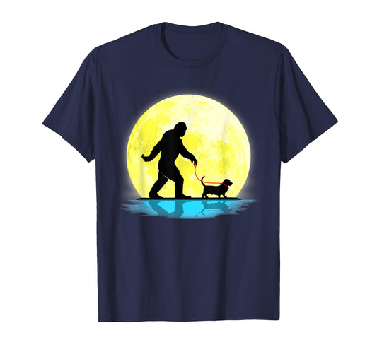 Cute Bigfoot Walking Basset Hound Full Moon Light Lovers T-Shirt