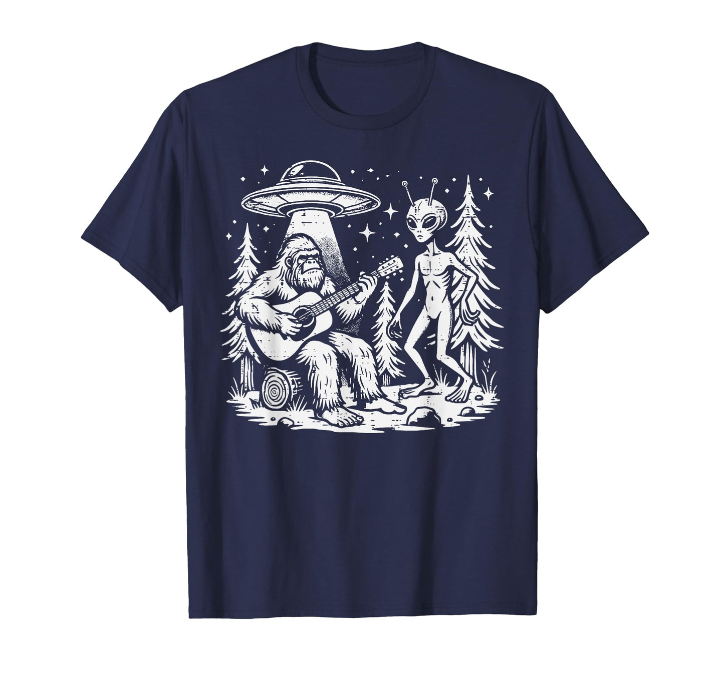 Sasquatch Guitar Alien Ufo Camping Bigfoot Women Men Kids T-Shirt