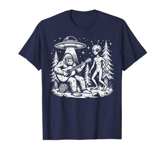 Sasquatch Guitar Alien Ufo Camping Bigfoot Women Men Kids T-Shirt