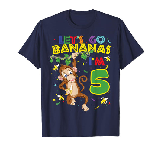 Kids Monkey 5th Birthday Zoo Let's Go Bananas I'm 5 T-Shirt