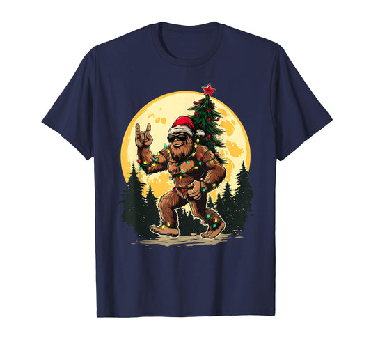 Bigfoot Rock Christmas Tree Xmas Lights Funny Sasquatch T-Shirt