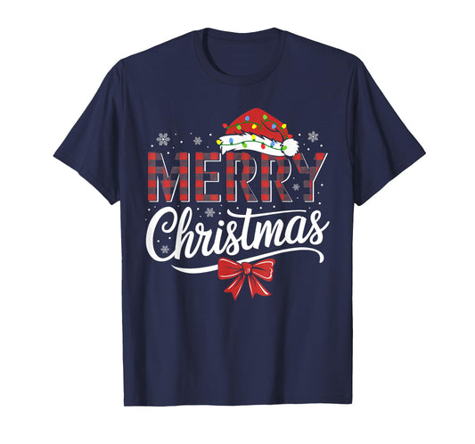 Merry Christmas Buffalo Plaid Red Santa Hat Xmas Pajamas T-Shirt